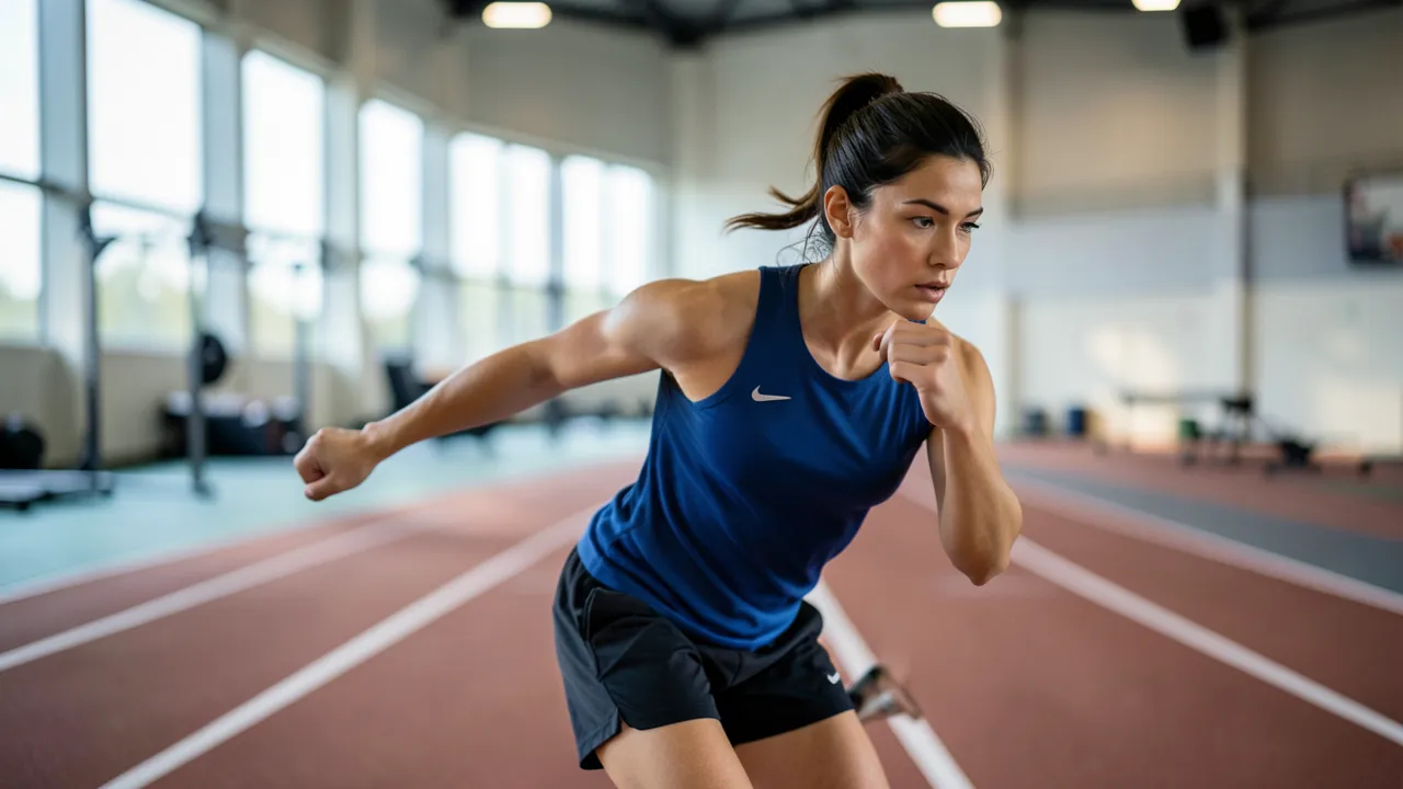 Eine fokussierte Athletin bereitet sich in einer modernen Sportanlage auf das Training vor, mit weichen Linien und unscharfen Sportutensilien im Hintergrund.